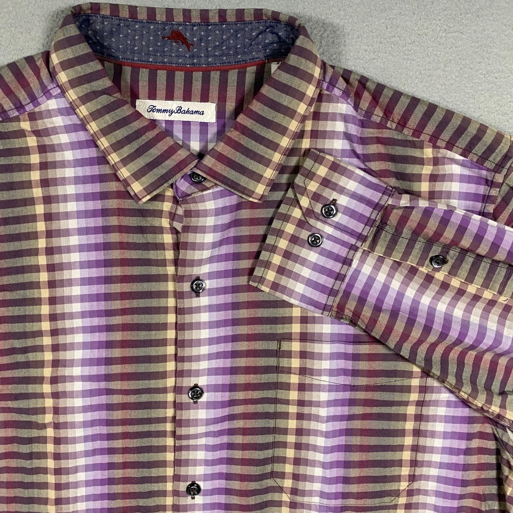 Tommy‎ Bahama Button Down Shirt Mens XL Purple Plaid Cotton Silk Long Sleeve